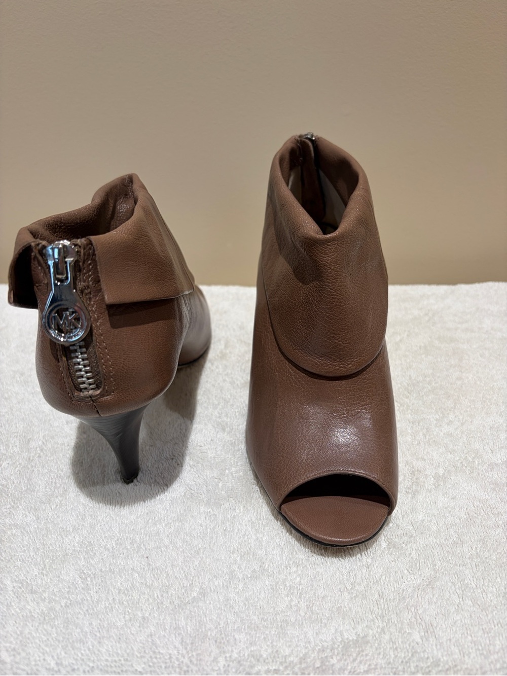 Michael Kors Brown Leather Peep-Toe Ankle Booties with Back Zip